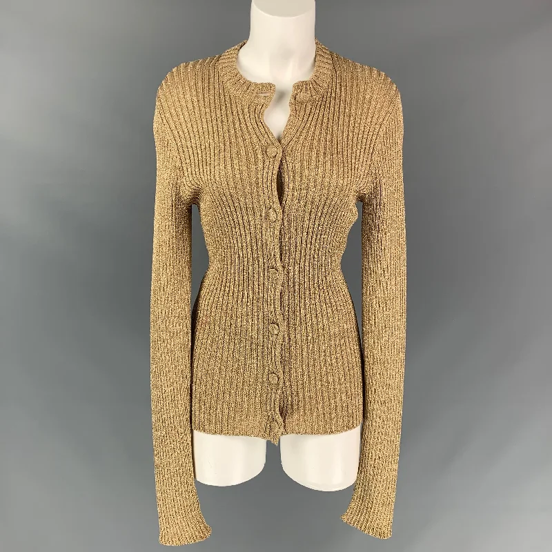 MOSCHINO COUTURE Size S Gold Knitted Metallic Cardigan Lace Blend Ribbed Blend Corduroy Blend MOSCHINO COUTURE Size S Gold Knitted Metallic Cardigan Lace Blend Ribbed Blend Corduroy Blend
