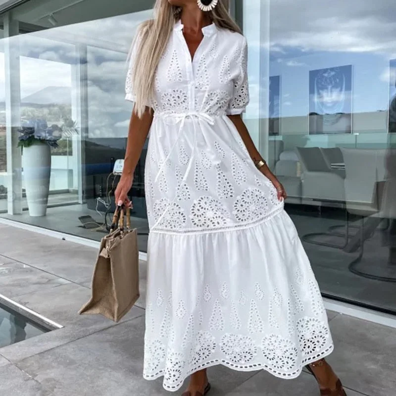 Elegant Lace Embroidery Stitch Pleated Dresses Womem Fashion Stand Collar Button-up Linen Party Dress Chic Hollow Formal Dress Tunics Trousers formal Elegant Lace Embroidery Stitch Pleated Dresses Womem Fashion Stand Collar Button-up Linen Party Dress Chic Hollow Formal Dress Tunics Trousers formal