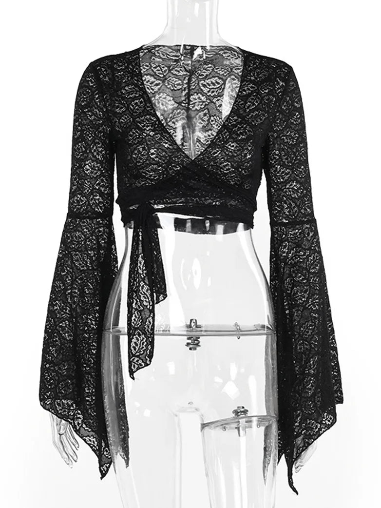 Victorian Goth Style Black Bell Sleeves Lace Tied Cardigan Welt Pockets Slit Pockets Flap Pockets Victorian Goth Style Black Bell Sleeves Lace Tied Cardigan Welt Pockets Slit Pockets Flap Pockets